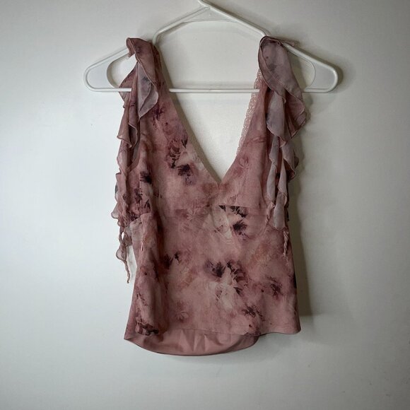 Princess Polly Pink Floral Ruffle V-Neck Top Size4 Cami Y2k - Picture 4 of 8